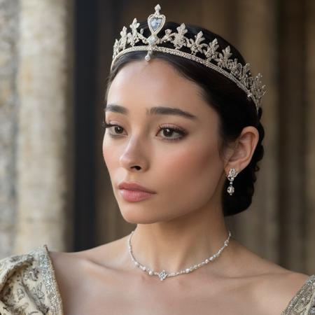 Portrait photo of an actress dressed as a medieval queen with a delicate tiara on her head, Nikon Z9, realistic matte skin, skin texture visible, (sharp focus), (high quality)