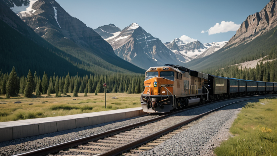trains and mountains in the rockies american or canadian, award winning photograph + cinematic shot + photos taken by ARRI 65 + incredibly detailed, sharpen, details + professional lighting, photography lighting + 50mm, 80mm, 100m + lightroom gallery + behance photographys + unsplash, global illumination, epic award winning photograph (subsurface scattering:1.3), intracate details, ambient occlusion, global illumination, realism, hyper realistic, hyper detailed