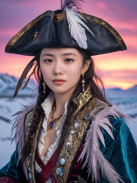 masterpiece, 8k, Realistic photo, high-resolution, ultra-detailed,liuhaocun woman,,jewelry,earrings,stunning beautiful, ,as A cunning pirate captain draped in a tattered velvet coat, eye patch gleaming with jewels, and a tricorn hat festooned with feathers , in A vast tundra stretches beneath a canopy of shimmering auroras, its ice fields cracked and glowing with veins of pale light. A colorful palette of pastel pinks, blues, and lavenders dances across the horizon, framed by an elegant, abstract zentangle. <lora:lhc_ej_JuggXL_2:0.6>