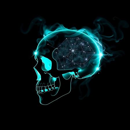 Cybernetic Skull, black background, slhouette black and white outline, skull made of smoke, neon teal_flames, pov sideview, smoke rises from back of skull, whole Galaxy in skull