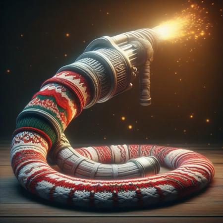 fire hose made of ChristmasSweater, masterpiece, best quality, highly detailed, sharp focus, dynamic lighting ChristmasSweater