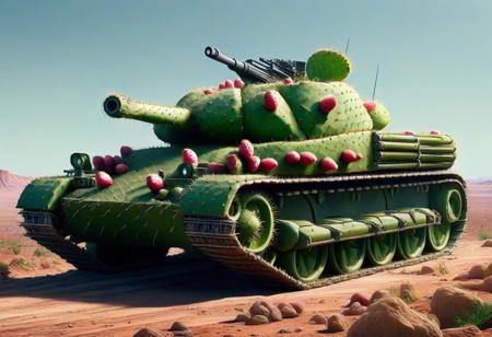 [tank]tank panzer wagon, gun barrel, driving through the jungle and desert, tech  <lora:Prickly Pear Style v1:1>, Prickly Pear Style,