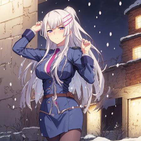 masterpiece,best quality,highly detailed, extremely detailed CG unity 8k wallpaper,illustration,Froleytia,medium breasts,expressionless,embarrassed,facing viewer,looking at viewer,leaning back,adjusting hair,outdoors,black legwear,night,snowing,snow,solo,solo foucs