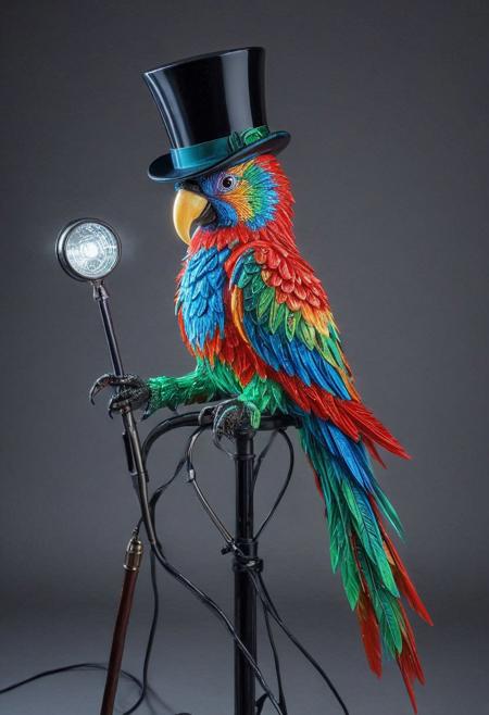 embedding:lazmpos, LED, colorful LED lights, RGB lights, red green and blue parrot, art deco, top hat, cane, monocle,RetroBG