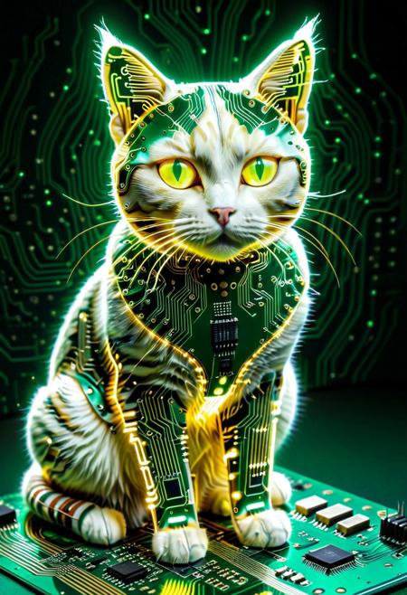 (sacred cat made entirely of circuit traces:1.5), (glowing eyes:1.4), with a PCB board, (techno-nature fusion:1.3), glowing moss-like transistors, high realism, soft light rays through canopy, subtle green and gold hues, reflective metallic bark, serene but advanced, (TzigoCBS), lazympos, lazyneg, lazyxxx