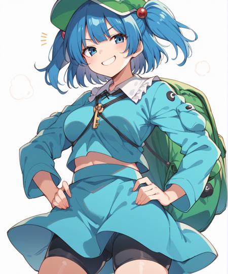 kawashiro nitori, (key), green headwear, two side up, twintails, blue hair, short hair, hair bobbles, aqua eyes, flat cap, long sleeves, backpack, blue shirt, blue skirt, skirt set, blue footwear, rubber boots, pocket, kawashiro nitori, (key), green headwear, two side up, twintails, blue hair, short hair, hair bobbles, aqua eyes, flat cap, tank top, bare shoulders, blue clothes around waist, cargo pants