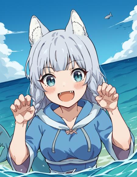 shigure, long hair, blue eyes, animal ears, braid, grey hair, animal ear fluff, wolf ears, wolf tail, wolf girl, tail, medium breasts, skirt, cape, blue skirt, capelet, skirt, thighhighs, white thighhighs,