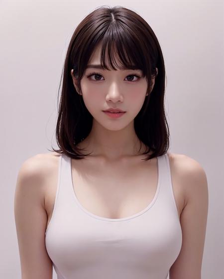 best quality, RAW, detailed, photorealistic, 8k, high res, 1girl, woman, (portrait:0.6), gorgeous, ((whitebackground:2.5)), ((white sleeveless tshirt:2, smallsize round breast:1.5)),  (head straight-looking at viewer:2.2), (1girl eyes looking at viewer, short-length straighthair,  blackhair, bangs:1.65), photorealistic, (bokeh), (closed mouth:1.3), gorgeous, pureerosface_v1,  <lora:AVID-saika:0.47> <lora:GRAV-:0.7>