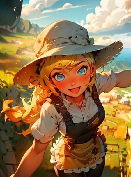 1girl, cute, cute pose, (long hair, blonde hair, blue eyes), (farm girl, apron, hat), tomboy, curvy, looking at viewer, smile, :D, breast focus, sexy, rural, (jumping, from above:1.3), 
(detailed landscape, farm, fild, clouds:1.2), (background:1), (dynamic_angle:1.2), (dynamic_pose:1.2), (rule of third_composition:1.3), (dynamic_perspective:1.2), (dynamic_Line_of_action:1.2), solo, wide shot,
(masterpiece:1.2), (best quality, highest quality), (ultra detailed), (8k, 4k, intricate), (full-body-shot:1), (Cowboy-shot:1.2), (50mm), (highly detailed:1.2),(detailed face:1.2), detailed_eyes,(gradients),(ambient light:1.3),(cinematic composition:1.3),(HDR:1),Accent Lighting,extremely detailed,original, highres,(perfect_anatomy:1.2),