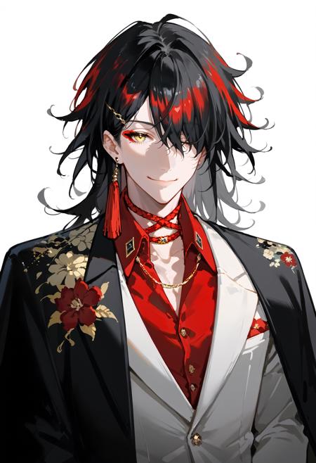 Vox Akuma, 1boy, black hair, yellow eyes, tassel earrings, jewelry, red hair, multicolored hair, red shirt, hair over one eye, floral print, white jacket, single earring, collared shirt, long hair, red eyeshadow, formal, red choker, black kimono, suit, streaked hair, hairclip, dress shirt, hair ornament, vest, eyeliner, one eye covered Vox Akuma, 1boy, black hair, yellow eyes, multicolored hair, red hair, red eyeshadow, medium hair, hair between eyes, hair ornament, red eyeliner, hairclip,