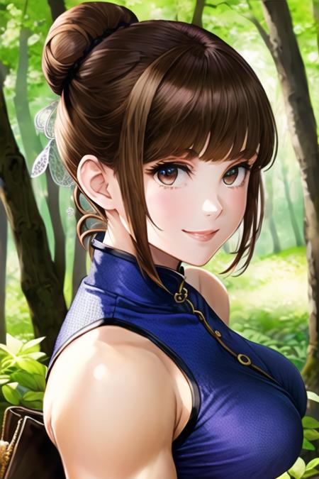 1girl, chun-li, ((highly detailed eyes)), vanillaware-32900, intricate details, round pupils,  detailed pupils, modelshoot style, brown hair, (brown eyes), double bun, ((portrait)), looking at viewer, smile, short hair, soft lighting, trees, forest, samdoesart, ((broad shoulders)), (((thick arms)))