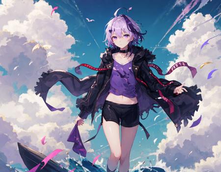 (((masterpiece))), ((best quality)), 1girl, solo, vflower,<lora:vflower-000010:0.6>,purple hair, floating, looking at viewer, full body