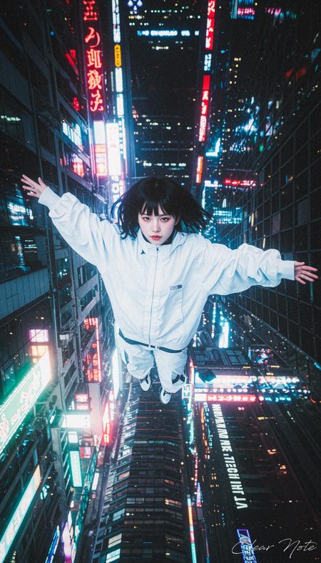 Japanese Culture Style, Neo Photorealistic Art, Emotional Photos, 35mm film, Young Japanese Woman, Futuristic clothing, Futuristic cityscape, neon signs, Falling from high in the sky with arms outstretched, Looking straight up, Skyscraper, Depth, Neo-Tokyo