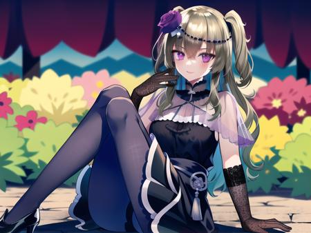 meimei_himari,flaxen hair,two said up,long hair,purple eyes,dark dress,sleeveless,purple pantyhose,sash long glove,black high heel