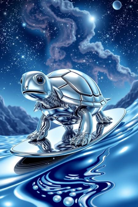 silver surfer turtle, universe, surfboard, cartoon, scenery,
chrome, shiny, reflections, metallic
