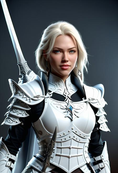 Ultrarealistic. Ultra detailed. 3D. (((WhiteMold))). A beautifull happy female warrior wearing an armor made of WhiteMold. Swords in hand. Cowboy shot.