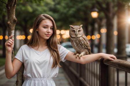 photo of a 18 year old girl,standing,a owl standing on her arm,happy,ray tracing,detail shadow,shot on Fujifilm X-T4,85mm f1.2,sharp focus,depth of field,blurry background,bokeh,lens flare,motion blur,<lora:add_detail:1>,