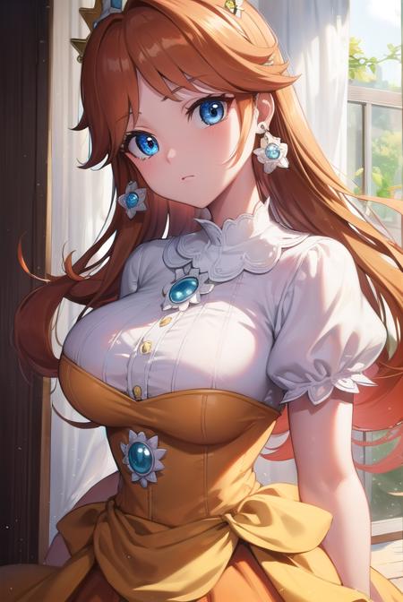 princess daisy, blue eyes, long hair, orange hair, crown, daisy, dress, flower, gem, gloves, orange dress, puffy short sleeves, puffy sleeves, short sleeves, white gloves,