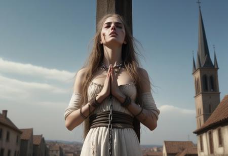Inquisition, 
A beautiful witch prays, 
is chained to a post. is burned at the stake. Half body portrait, 
Background: a medieval city, 
desperate look at the sky, 
she is tied to chains, 
looking upwards, 
hyperrealistic, 
photorealistic, 
wearing an old, 
tattered, 
dirty white dress, 
best quality, 
visually stunning, 
hyper quality, 
extremely detailed, 
Carne Griffiths, 
Luis Royo, 
Arthur Rackham, 
Greg Rutkowski