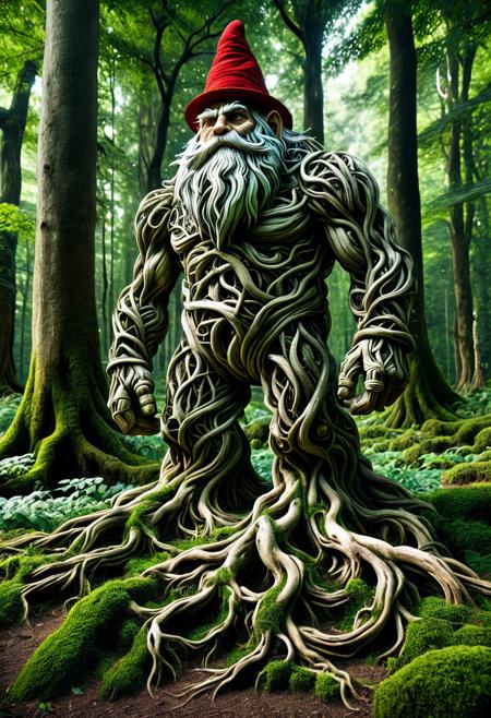 score_9,score_8_up,score_7_up, PG-TR, The image depicts a towering, muscular golem, seemingly composed of twisting roots, vines, and moss, standing majestically amidst a lush, verdant forest. Its form is robust and imposing, with broad shoulders and powerful limbs, intricately detailed with organic textures. In the lower right corner of the frame, a small gnome, similar in appearance to the one in the sunflower field image, would be positioned. This gnome, with its distinctive pointed red hat and long white beard, would be looking upwards, seemingly in awe or contemplation, towards the colossal golem. The contrast in size between the diminutive gnome and the enormous golem would be striking, emphasizing the grandeur of the forest guardian. The surrounding environment would be bathed in natural light, filtering through the dense canopy, creating a mystical and fantastical atmosphere.<lora:Treeroots_0_90_multi2_Handprocessed_V2:1>