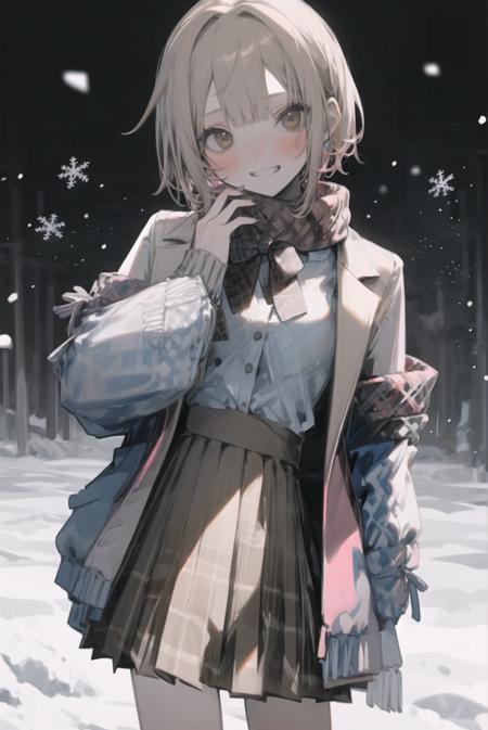 <lora:qy:1>1girl, skirt, solo, scarf, smile, plaid, snowflakes, bangs, bag, blush, cardigan, jacket, bow, bowtie, coat, buttons, miniskirt, grin, blurry, shirt, snow, snowing, fingernails, teeth, brown hair, red scarf, looking at viewer, school uniform, long sleeves, brown eyes, pleated skirt, sleeves past wrists, open clothes, plaid skirt, school bag, plaid scarf, blue skirt, cowboy shot, short hair, fringe trim, white shirt, pink bow, open jacket, blurry background