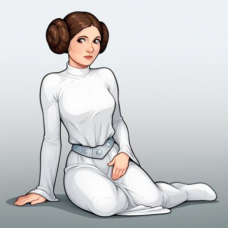 princessleia, 1girl, solo, brown hair, hair buns, brown eyes, white dress, belt, white boots,