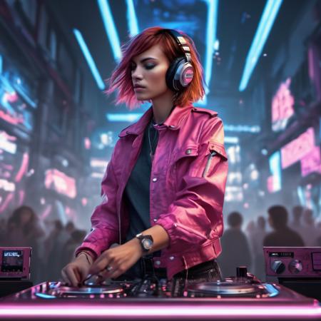 <lora:alexachung_xl_lora_25:1> alexachung  masterpiece, concept art, highly detailed, (pink and blue color pallete), mid shot, centered, dynamic angle, 1girl, cyberpunk theme, stylish, stylish hair, red hair, DJ, DJ controller, Music Concert, Cafe background, Volumetric lighting, depth of field, focused shot, (epic composition, epic proportion), Award winning, HD