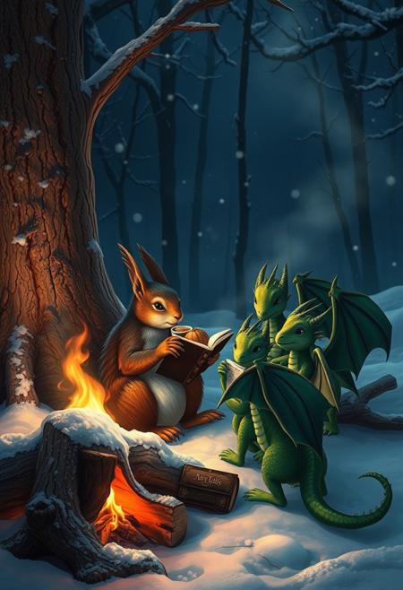 During a dark snowy night a huge squirrel sits nearby fallen tree next to a  big campfire and  eats a walnut and holds a cup of tea, sits among  a group of little green dragons with dark green wings. They read a fairy tales book. Book's cover is dark with golden letters. Snow around, snowy, winter forest, vivid colors, realistic details like seeing under an electron scanning microscope
