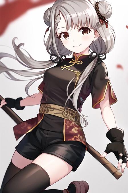 Hisakawa Nagi, 1girl, solo, braid, grey hair, fingerless gloves, thighhighs, bamboo, bun cover, gloves, chinese clothes, shorts, black thighhighs, black shorts, weapon, smile, braided bangs, brown eyes, looking at viewer, double bun, black gloves, bangs, hair bun, twintails, small breasts, low twintails, breasts, dress, clothing cutout, shoes, long hair
  <lora:hisakawa-v2.0-r1:1>