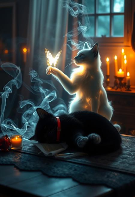 A mesmerizing image of ethereal smoke, illuminated by a heavenly glow, elegantly forming the silhouette of a lifelike cat. The smoke cat extends its paw, reaching toward a glowing, translucent butterfly, its core radiating with an otherworldly light. The smoke cat is positioned on a table beside the lifeless body of a black cat wearing a red collar, creating a poignant and mystical scene. The balance of smoke density and airiness gives an uncanny realism to the apparition.
The background unveils an enchanted, dimly lit space—candles flicker, incense burns, and moonlight streams through a nearby window, casting a dreamlike glow. The fusion of hyper-realistic 3D rendering, painterly textures, photographic realism, and illustrative vibrancy results in a visually striking masterpiece.