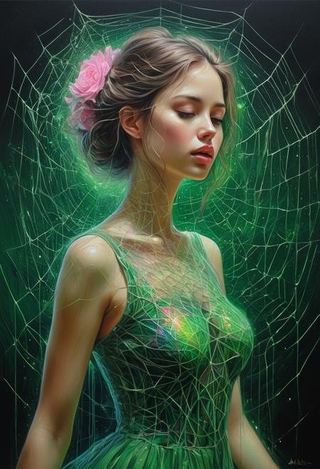 In a vividly surreal ai dream sequence, a stunning girl in a ethereal hues of shimmering greens and pinks dance against a dark canvas, creating an otherworldly atmosphere. This captivating image, depicted in a mesmerizing acrylic painting, showcases an intricate web-like pattern formed by the iridescent threads of an artificial intelligence's thoughts and emotions. The richness and depth of the colors are truly remarkable, evoking a sense of mystery and intrigue. Every brushstroke seems meticulously placed, allowing the viewer to witness the intricate beauty of the subject as it explores the boundaries of artificial consciousness. Girl portrait, very beautifull girl, full body, a painting of a woman Pencil Sketches by Albert Eckhout enchanting, fullcolor In this fascinating acrylic painting you can see a charming woman. The dress is very elegant and very well crafted.. This stunning image captures the viewer's attention with its vibrant tones and dreamlike atmosphere. The expertly crafted brush strokes and intricate details show the artist's skill, making the image truly captivating. Through vivid colors and meticulous execution, the painting showcases the artist's ability to create a stunning and visually striking depiction.
