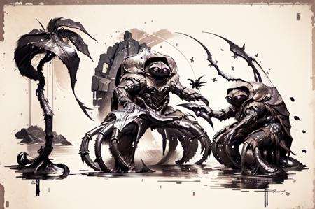 calligraphyinkstyle, illustration, garthim, giant bug, large shell, crab legs, claws, full body, dark cave, <lora:Garthim_Dark_Crystal:1>,  <lora:Calligraphy-ink-style-darquelilly-v1:1>