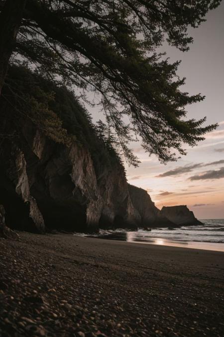 raw photo, a sunset landscape, oregon coast, granite beach, forested cliffs, cozy, photorealistic, high detailed texture, 8k uhd, dslr, soft lighting, high quality, film grain, Fujifilm XT3, Sony A7 IV, highly detailed photography, (muted colors, cinematic, dim colors, soothing tones:1.2), vibrant, insanely detailed, hyperdetailed, (dark shot:1.2), (vsco:0.3), (intricate details:0.9), (hdr, hyperdetailed:1.2) (highest coherency: 1.39) (highest quality: 1.39) (rule-of-thirds)