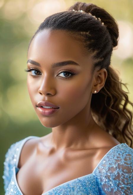 hyper realistic and detailed photo of a cute 24 year old african female athlete, shallow depth of field, cleavage, two-packs abs, golden blonde straight messed up hair, straight waist, realistic textures, 8k movie still, cinematic, looking at viewer, straight hip, narrow hip, small hip, small round shape butt, tiny breasts, long legs, Youthful, radiant complexion with fair skin. Her facial structure is characterized by soft, rounded features with a gentle jawline that complements her overall delicate visage. The eyebrows above are well-defined, arched gracefully, adding to the intensity of her gaze. Her hair, a rich golden brown, is pulled back into a high ponytail that cascades in gentle waves, framing her face elegantly. Her lips are full and appear soft, providing a neutral yet inviting expression. The subject's nose is proportionate to her face, with a subtle, rounded tip that harmonizes with her soft facial features.
The eyes are a distinctive feature, conveying a remarkable depth of color   a shade of light blue. Her irises are ringed with a darker blue hue. Her pupils are centered and clear. The eyelids are smooth, with a subtle crease that adds depth to her eye structure. Her lashes are of a lighter brown, long and evenly spread, curling gently upwards.