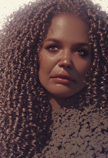 score_9, score_8_up, score_7_up,
1girl, mature, solo, a black lady by a cotton field, face turned up to the sun, close up, long hair with big curls, muddy boots, dark skin, detailed background