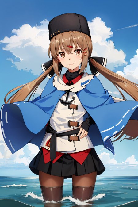 tashkent low twintails hairclip hair bow fur hat jacket shirt black bow blue shawl skirt pantyhose thigh boots fingerless gloves belt anchor necklace torn scarf