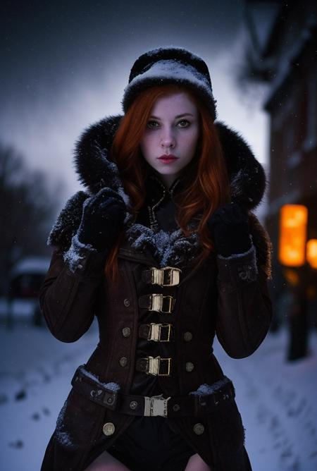 ginger, Artistic Portrait 18yo beautiful woman, perfect nose, perfect face, perfect, gorgerous, slim girl , Caucasian, white skin, white eyes,  snowstorm,  snow, wind, blizzard, light theme, steampunk outfit, black eyeliner, cinematic light, Night Photography, Light Beans, dramatic light, intricate details <lora:ginger_v03:0.6> <lora:steampunkengis_ss13_mech:1>