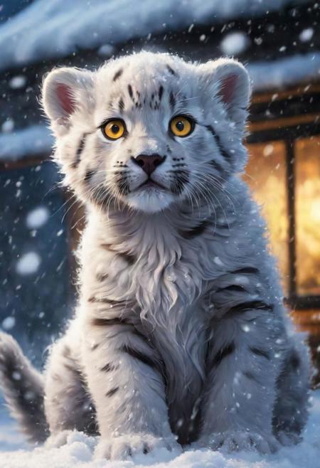 style by (Clay Mann:2.5),unique realistic (fluffy cute snow-panther puppy:1.8)  phantasmagoria, Christmas Night Atmosphere,Dynamic Angle,Dramatic Lighting,strom-snowfall detailed winter  masterpice,digital painting,<lora:add-detail-xl:1.4>, windy epic polar,perfect freckles face,dirty fantasy,(luminous yellow eye),professional make-up,mesmerise 1female selfie, ,Huge Detailed Scene inspired by the catwoman