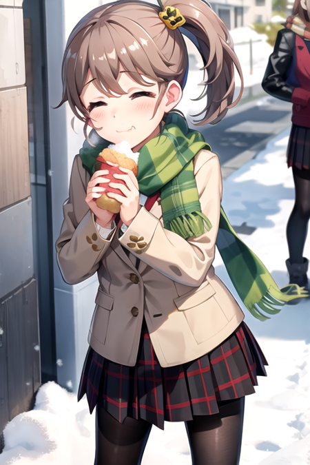 <lora:5Hiyo-01:0.7>,hiyoptd, 1girl, solo, blush, smile, skirt, brown hair, hair ornament, holding, school uniform, jacket, closed eyes, pantyhose, pleated skirt, outdoors, food, scarf, side ponytail, plaid, black pantyhose, sparkle, plaid skirt, eating, snow, grey skirt, :t, food on face, plaid scarf, baozi, green scarf