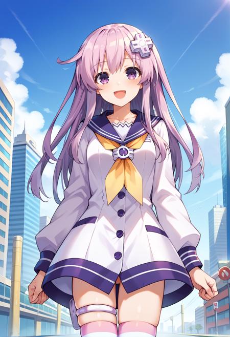 nepgear, d-pad hair ornament, sailor dress, yellow neckherchief, long sleeves, thigh strap, striped thighhighs, purplesis, symbol-shaped pupils, power symbol, hair ornament, white leotard, elbow gloves, white thighhighs, black elbow gloves, black thighhighs, midriff,