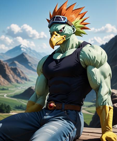 G4nos bird alien dragonball z muscular red eyes light green skin orange head feathers yellow head feathers 1boy solo goggles sleeveless shirt pants