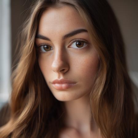 Instagram selfie of a young beautiful model with long brown hair, Nikon Z9, skin texture visible, (sharp focus)