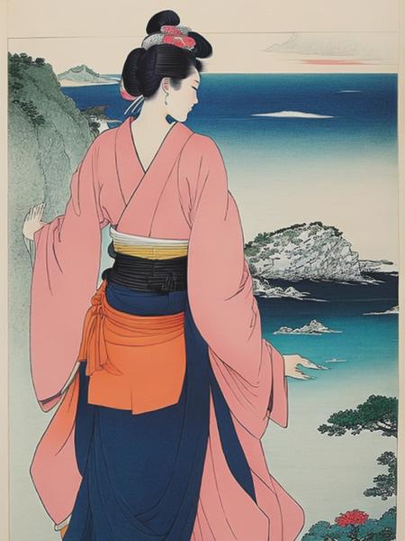 <lyco:Ukiyo-eArt:1.0> utamaro inspired ukiyo-e drawing picturing a japanese geisha in a beautiful flowy kimono, standing on a cliff, looking down at the sea, with a feeling of melancholy