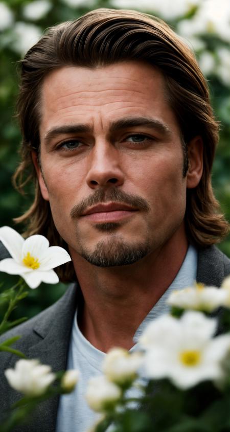 photo of man face closeup, centered, RAW, masterpiece, realistic, hyper realistic,  ([brad pitt | johnny depp | George Clooney]:0.8),
muted color, film grain, looking at viewer, soft colors, fascinating, blurry background, garden, high contrast, dark background, flowers, closeup,