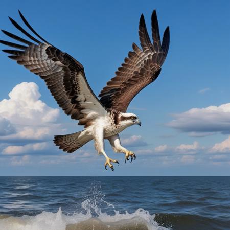 close-up osprey eagle in flight rushing into the sea, blue sky background with cumulo-nimbus cloud, photography very realist