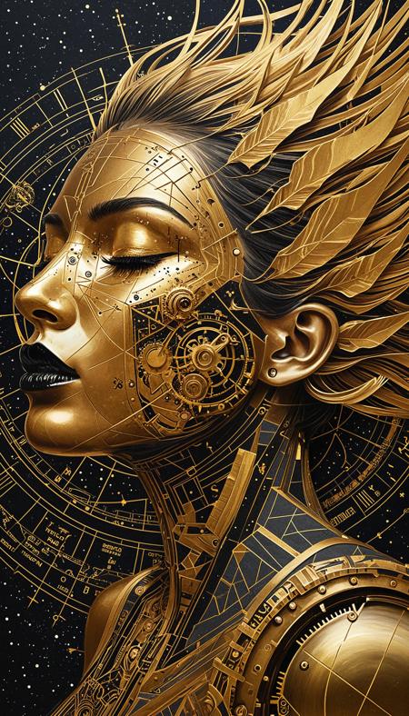 rating_safe, breathtaking detailed, masterpiece, absurdres, awe-inspiring, best quality, vibrant colors, abstract, a (surreal female portrait), sideview, emerging from a canvas filled with (bronze geometric patterns), BREAK, the face composed of overlapping (mechanical schematics), (astronomical charts), and (architectural diagrams), BREAK, (metallic skin texture) in warm (bronze and obsidian tones), with (glossy black lips) and a (closed eye surrounded by golden lashes), BREAK, abstract elements like (celestial instruments), (compass rings), and (clockwork gears) blend into the contours of her face, BREAK, sharp angular lines flow into soft curved forms, creating a tension between (precision and sensuality), BREAK, parts of the face dissolve into [fragmented data streams], while other areas shimmer with (gilded brushstrokes), BREAK, background filled with layered (schematic symbols), [technical scripts], and (constellations), BREAK, artistic style fuses (futurist abstraction), (steampunk etching), and (digital cubism), with visible influence of (fine ink illustration) and (gold leaf collage)<lora:sdxl_ta86artstyle.safetensors:0.8:0.8>