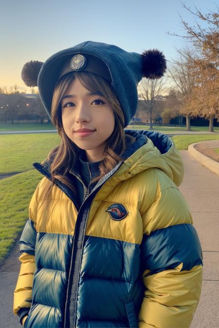  portrait of pkmn wearing a XL oversized puffer, cosplay, 4K, HDR, outdoors, sunny,