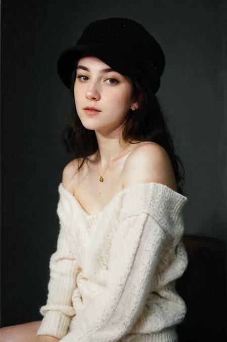 (closeup faceshot:1.2) Portrait of pretty young (18-year-old) pale milky white skin Caucasian (futuraaurora9600v5) ((Posing with one hand on the thigh, the other hand resting on the shoulder, radiating allure.:1.07)), (flat chest:1.15), outdoor, BREAK brunette Pinned-Back Half-Updo: A half-up hairstyle with sections of hair pinned back for an elegant and polished appearance., no makeup, long dainty necklace, ((oversized sweater and hat:1.1)) , <lora:epi_noiseoffset2:1> BREAK (magazine cover:1.10), BREAK (masterpiece, extremely detailed skin, photorealistic, heavy shadow, dramatic and cinematic lighting, key light, fill light), sharp focus, BREAK location is (outdoor Buenos Aires, Argentina), <lora:InstantPhotoX3:0.7>