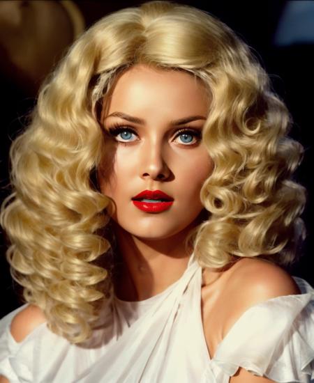 a close up of bb with long curly blonde hair and blue eyes wearing a white organza fabric dress and red lipstick in front of a dark background <lora:barbarabouchet_SD15_v03-000010:0.7>