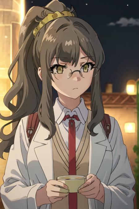 best quality, masterpiece, highres, solo, {futaba_rio_seishunbutayarou:1.15}, long_hair, brown_hair, brown_eyes, glasses, necktie, 1girl, bangs, closed_mouth, night, night_sky, ponytail, shirt, sidelocks, sky, white_shirt, scrunchie, high_ponytail, looking_at_viewer, outdoors, upper_body, hair_ornament, hair_scrunchie, heart, yellow_scrunchie